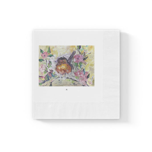 Robin en flores de cerezo-Servilletas acuñadas en blanco