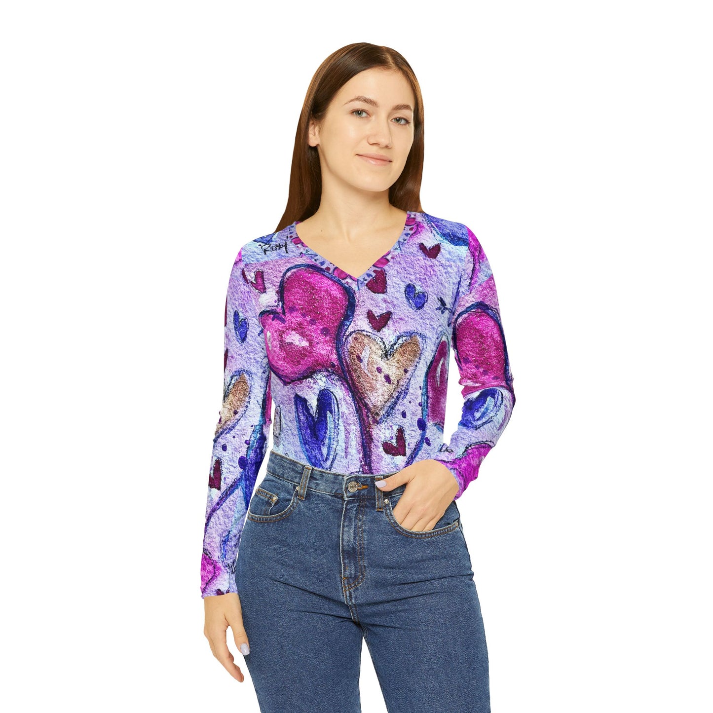 Women's Long Sleeve V-neck Shirt -Floating Hearts Parade-Large Print