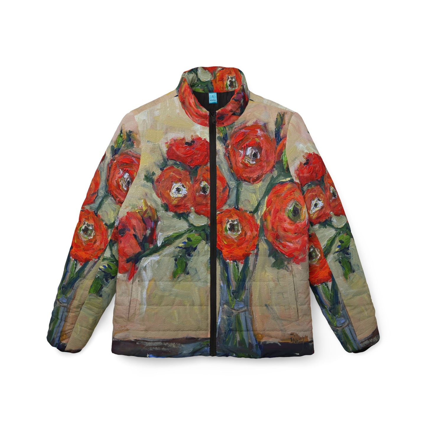 Women's Puffer Jacket - Roxy Rich Fine Art -Orange Ranunculas