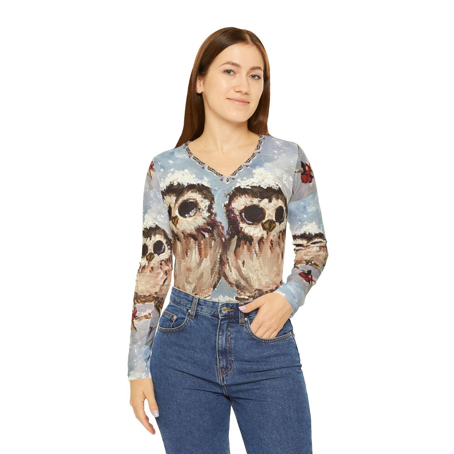 Long Sleeve Shirt-Adorable Snowy Owl Chicks- V-neck Women's