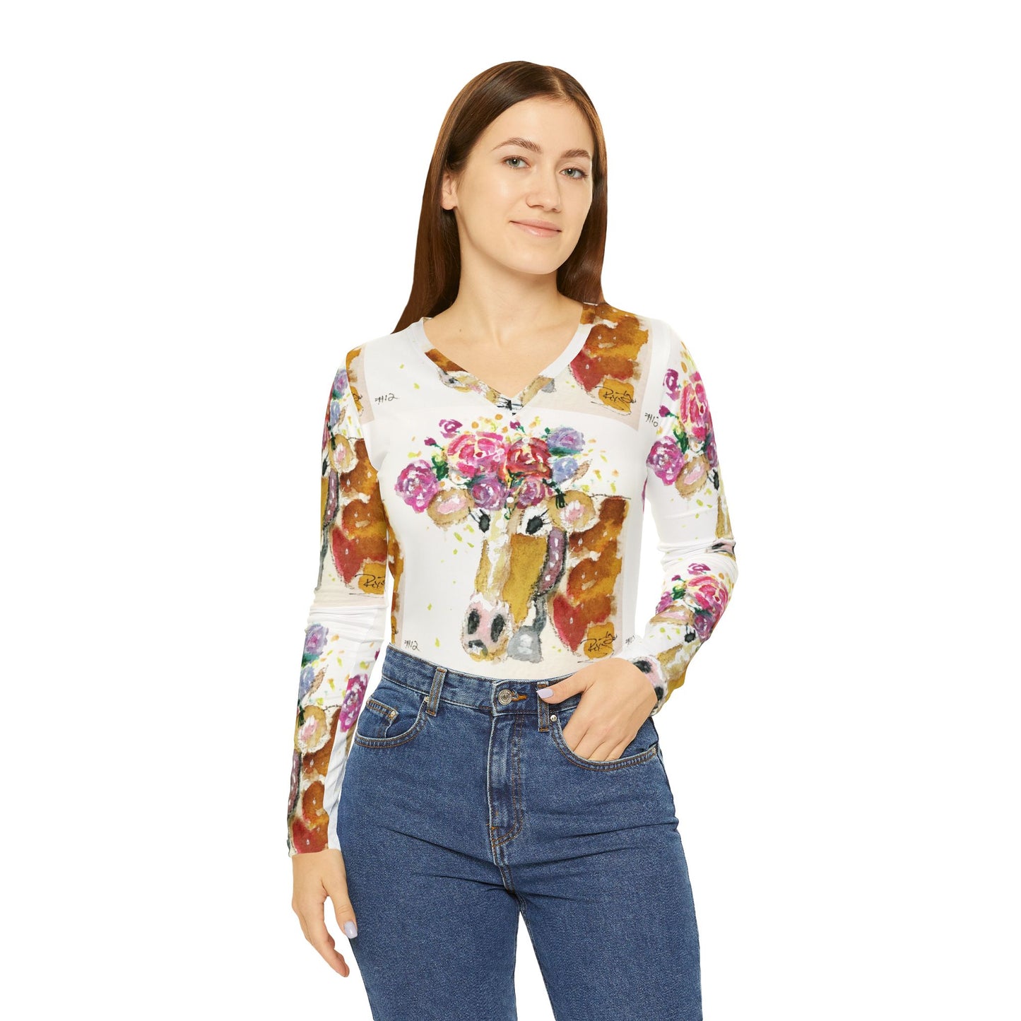 Long Sleeve Shirt-Adorable Cow with Flowers on its Head- V-neck Women's