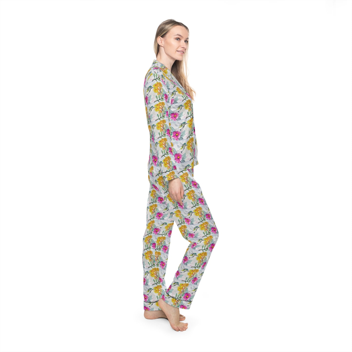 Satin Pajamas — Luxurious Silky Sleepwear Set- Floating Light Hummingbird