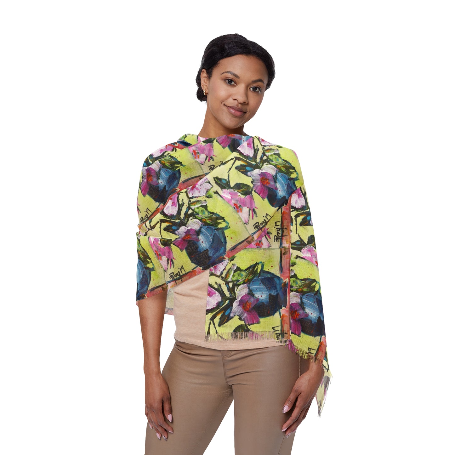 Colorful Scarf — Artistic Lightweight Neck Wrap- Pink Gardenias in a Blue Vase