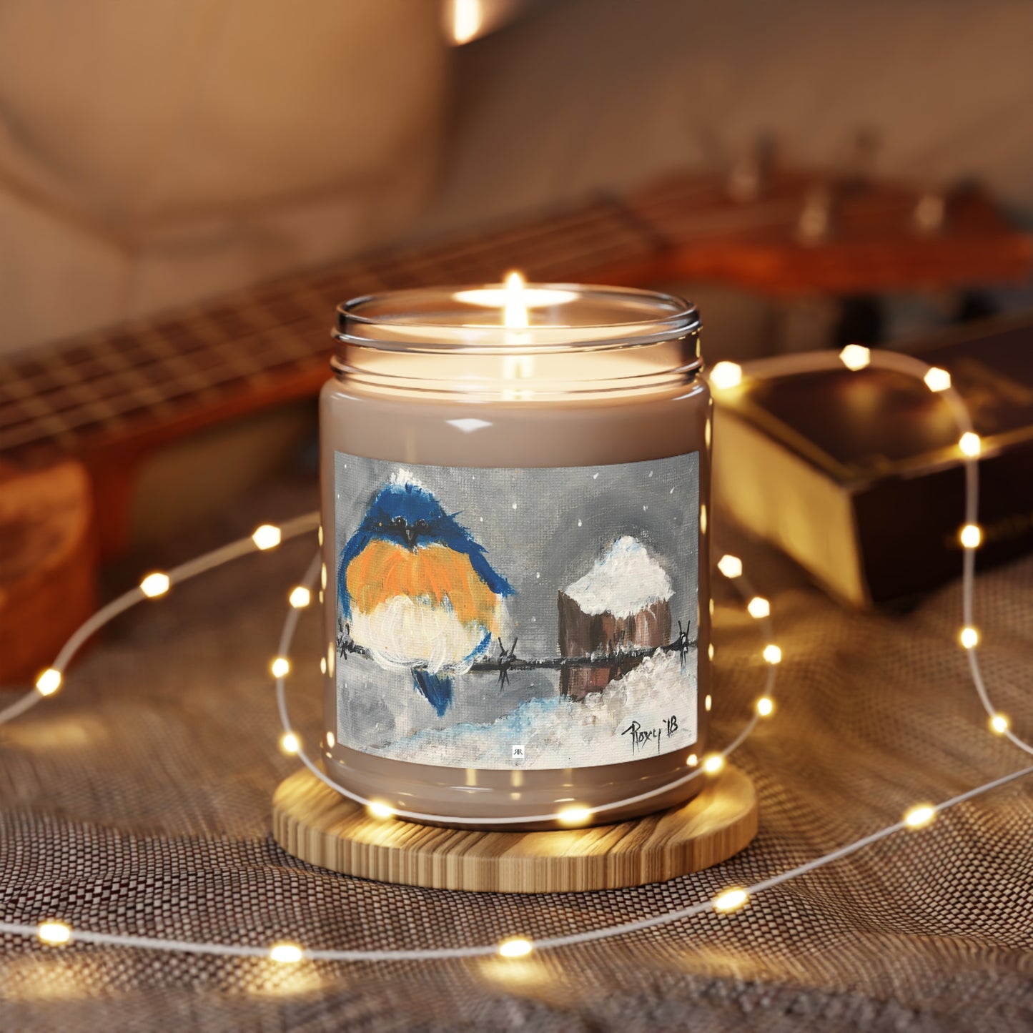 Scented Candle 9oz-Fluffy Fat Bluebird perched on Snowy Barbed Wire