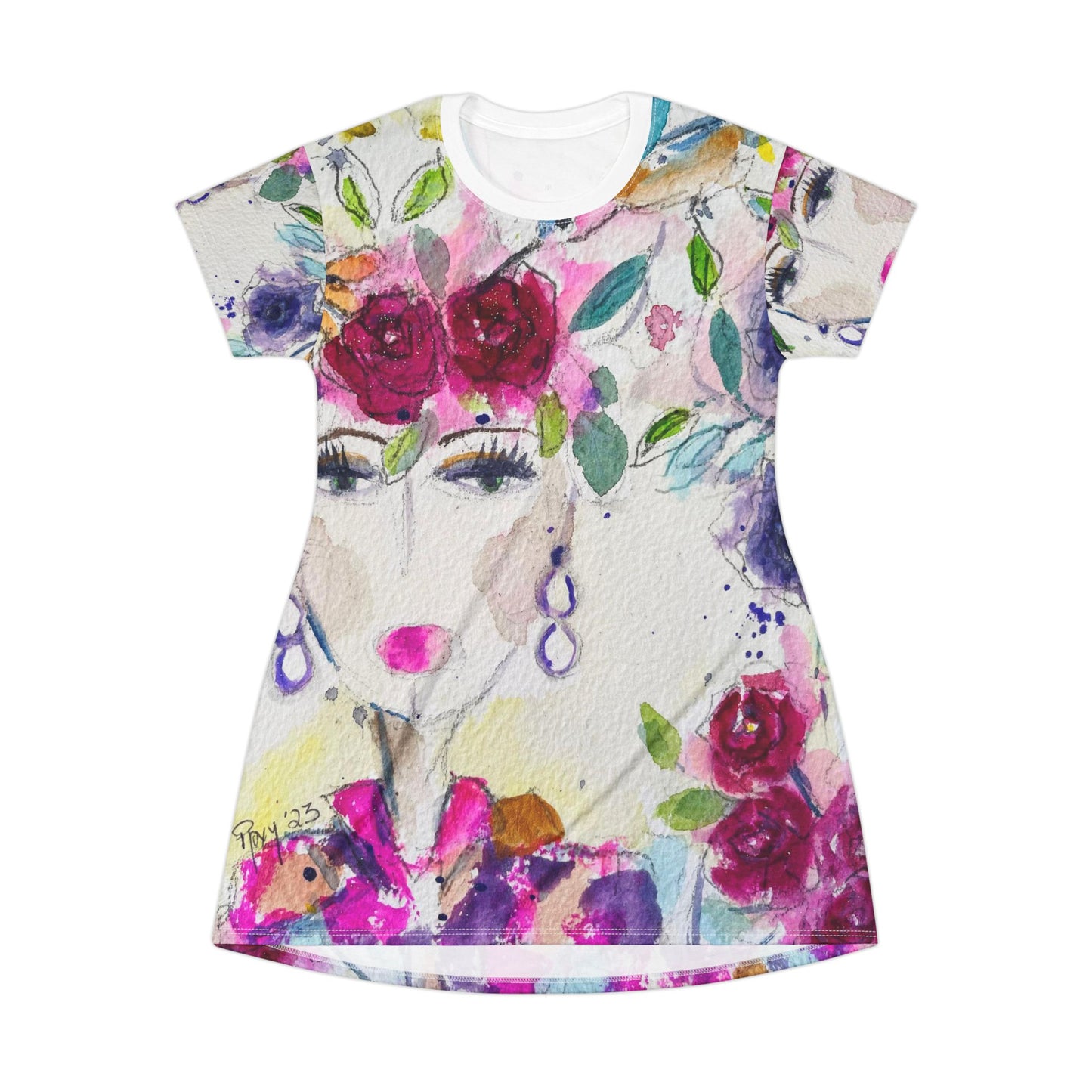 T-Shirt Dress (AOP)-Haute Couture Hummingbird