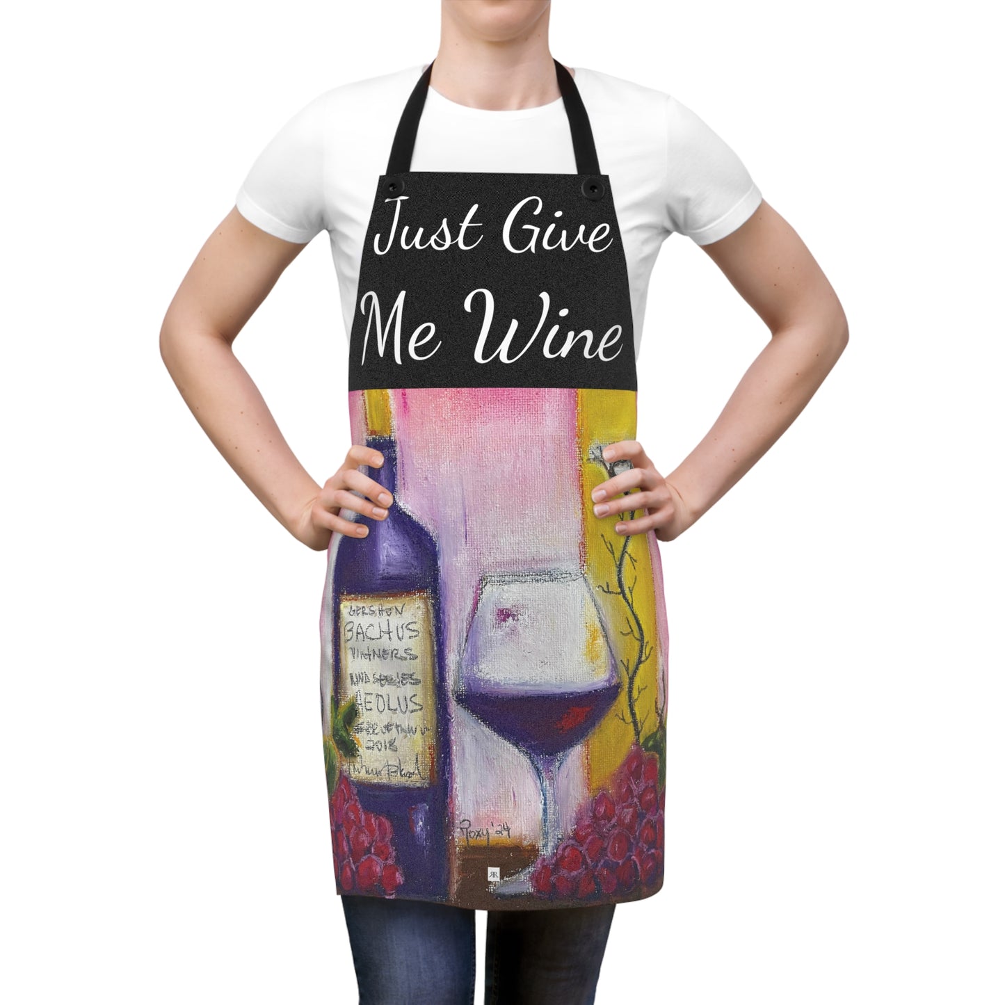 Just Give Me Wine Black Kitchen Apron  with GBV Wine  and Clique Glass