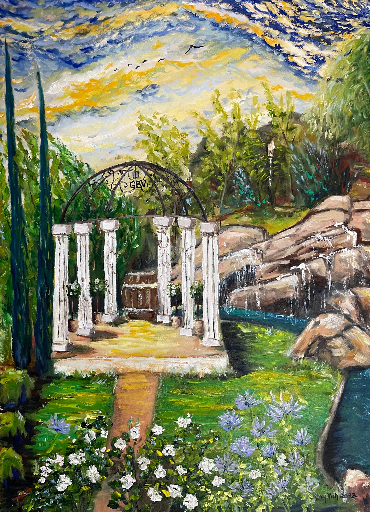 La pérgola (Gershon Bachus Vintners) Pintura original de paisaje al óleo enmarcada