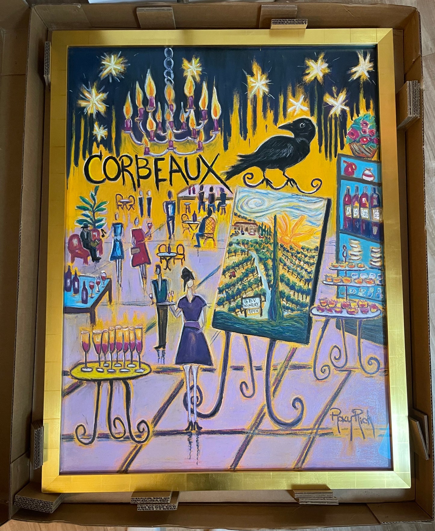 Corbeaux Wine and Art After Dark-Original Oil Pastel Painting Framed