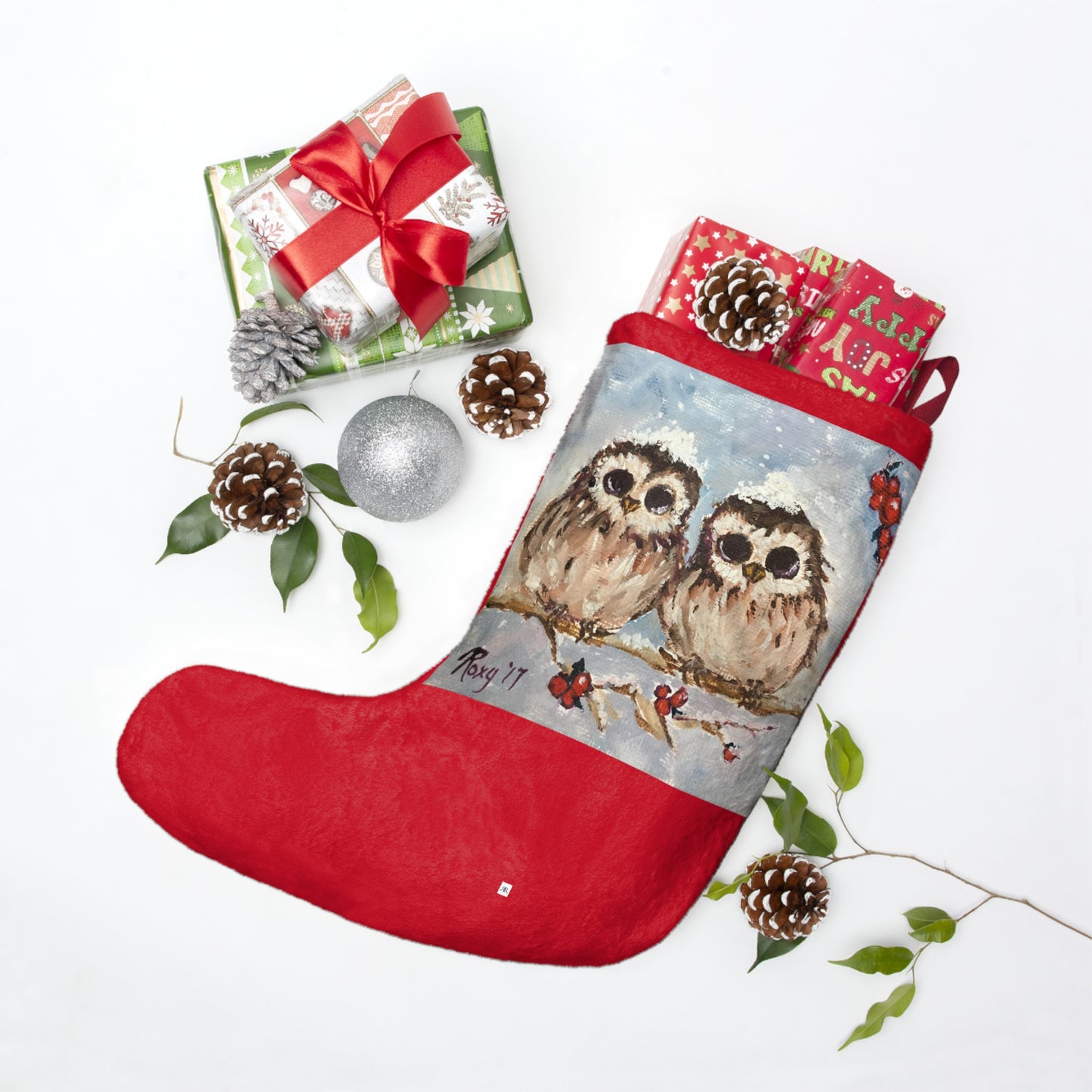 Adorable Snowy Owl Chicks with Berries Christmas Stocking