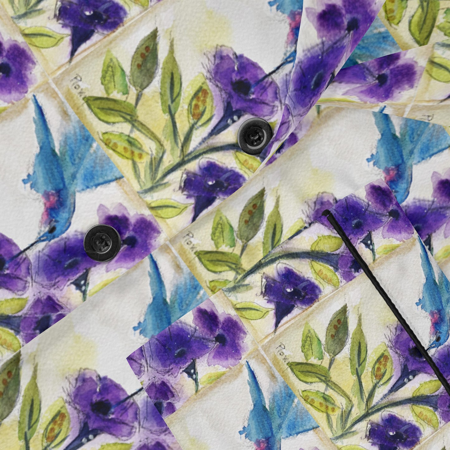 Satin Pajamas — Luxurious Silky Sleepwear Set- Hummingbird with Purple Flowers