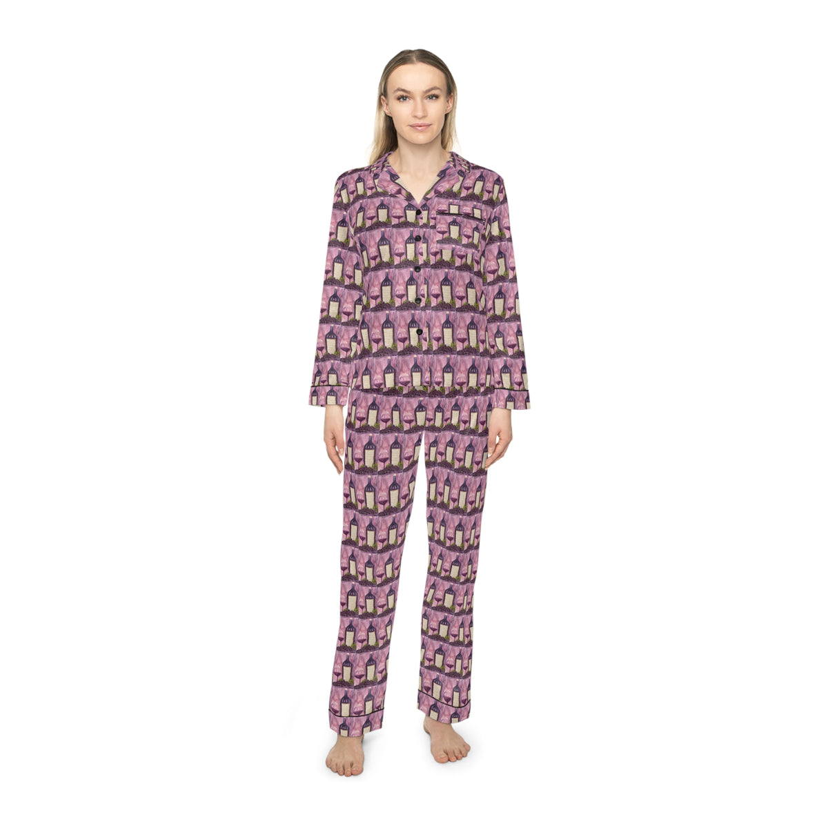 Satin Pajamas — Luxurious Silky Sleepwear Set- Porta Accanto Tempranillo-GBV Wine and Clique Glass