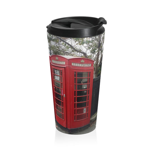 Taza de viaje de acero inoxidable con cabinas telefónicas británicas 