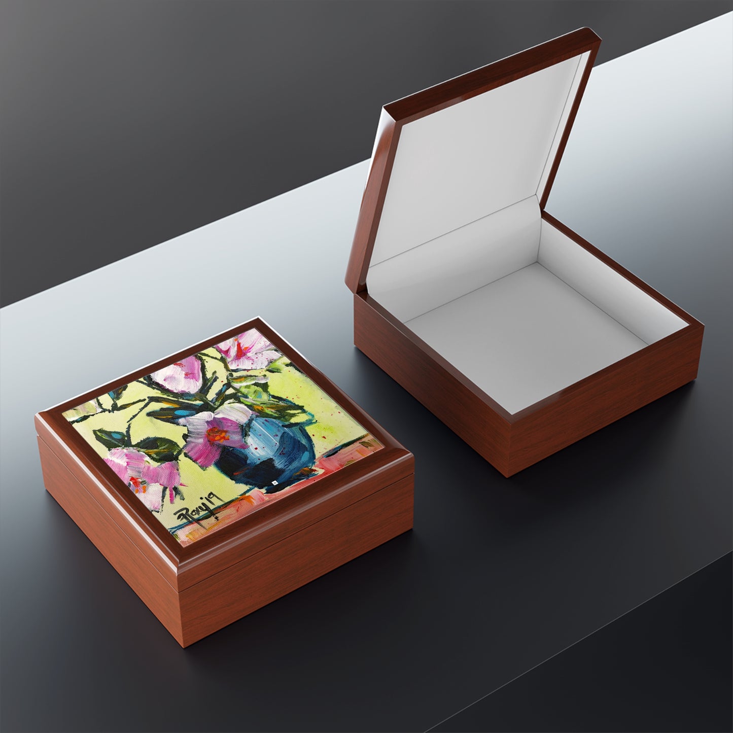 Jewelry Box-Pink Gardenias in a Blue Vase