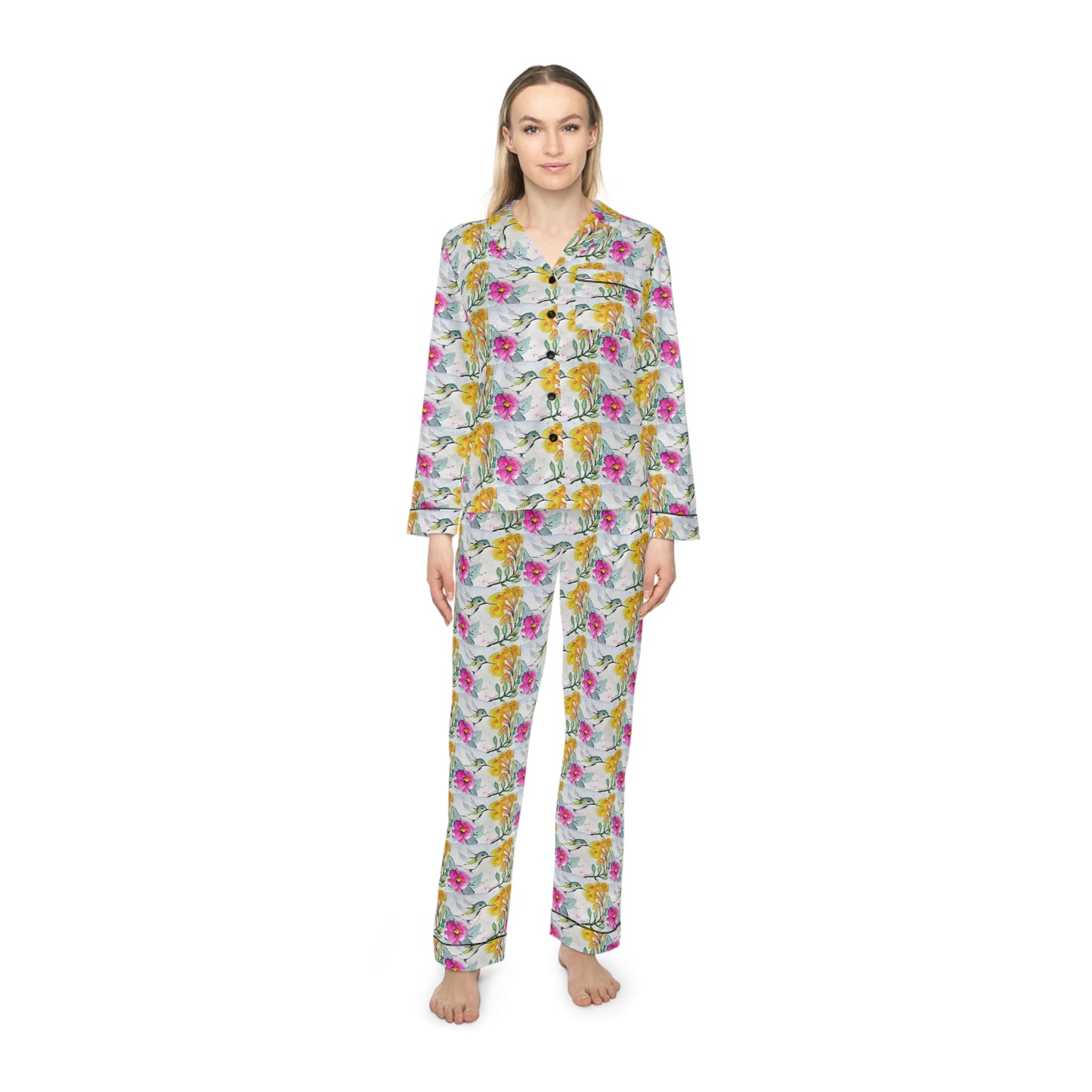 Satin Pajamas — Luxurious Silky Sleepwear Set- Floating Light Hummingbird