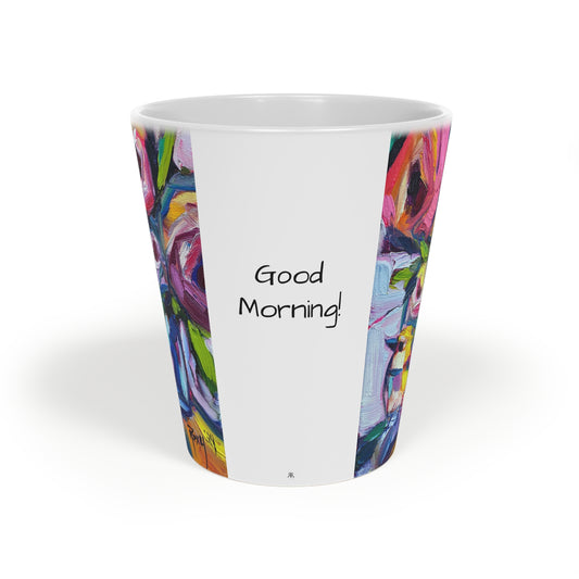 Abstract Roses and Yellow Tit Bird "Good Morning!" Latte Mug, 12oz