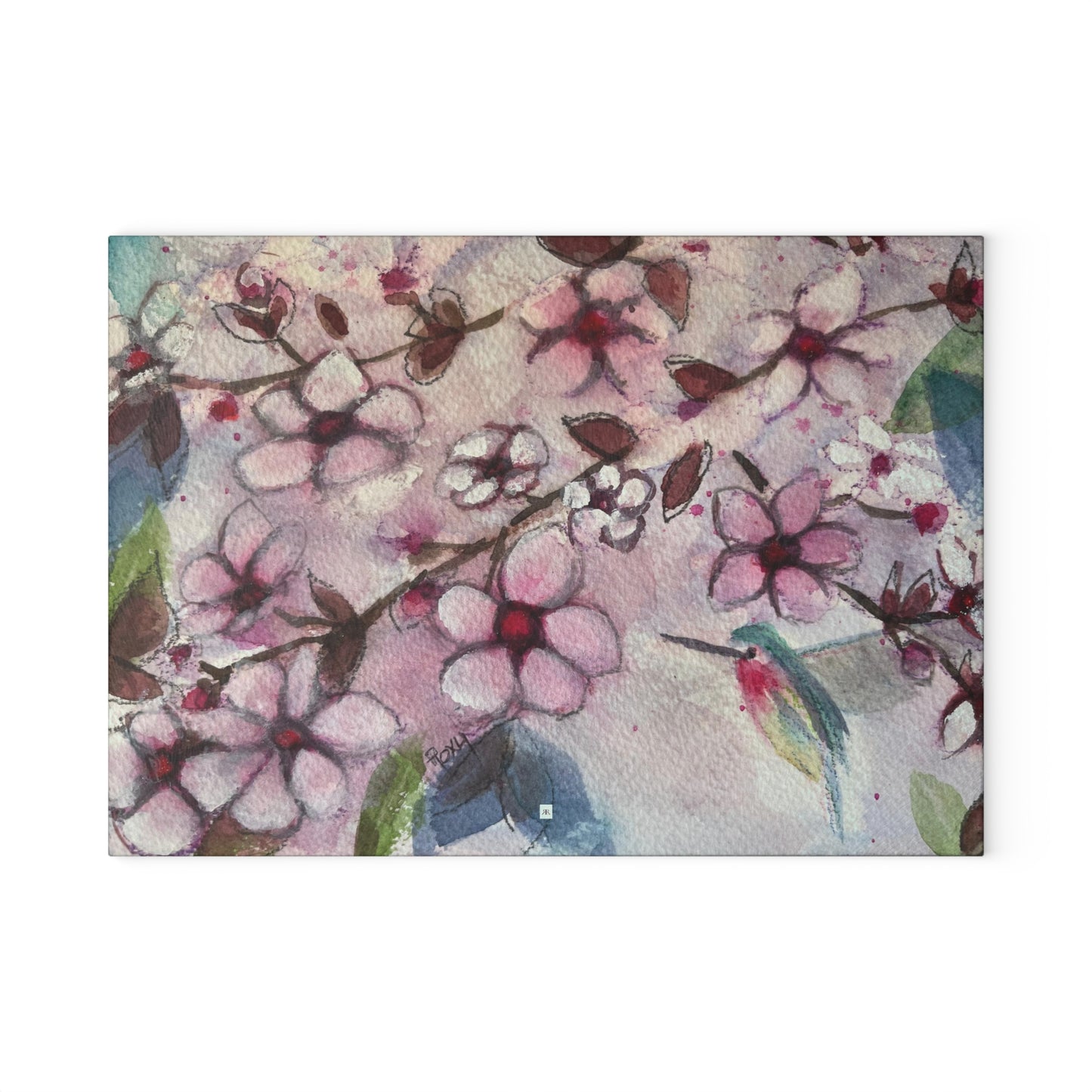 Colibri dans les fleurs de cerisier-planche à découper en verre