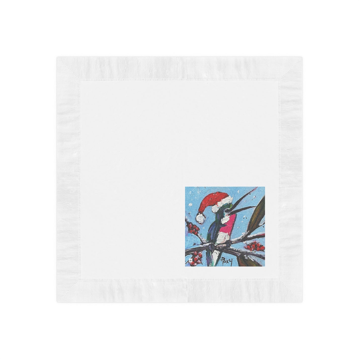 Merry and Bright Holiday Hummingbird with Santa Hat-White Coined Napkins