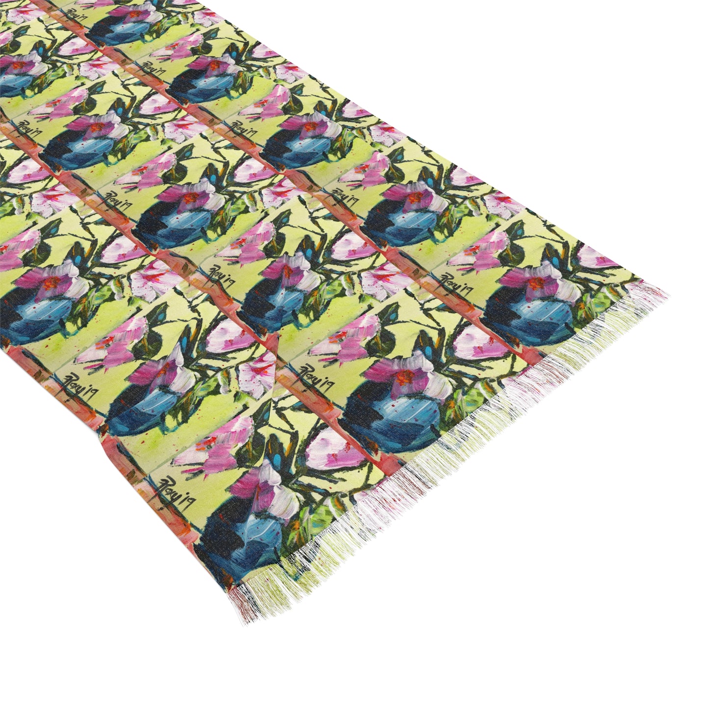 Colorful Scarf — Artistic Lightweight Neck Wrap- Pink Gardenias in a Blue Vase