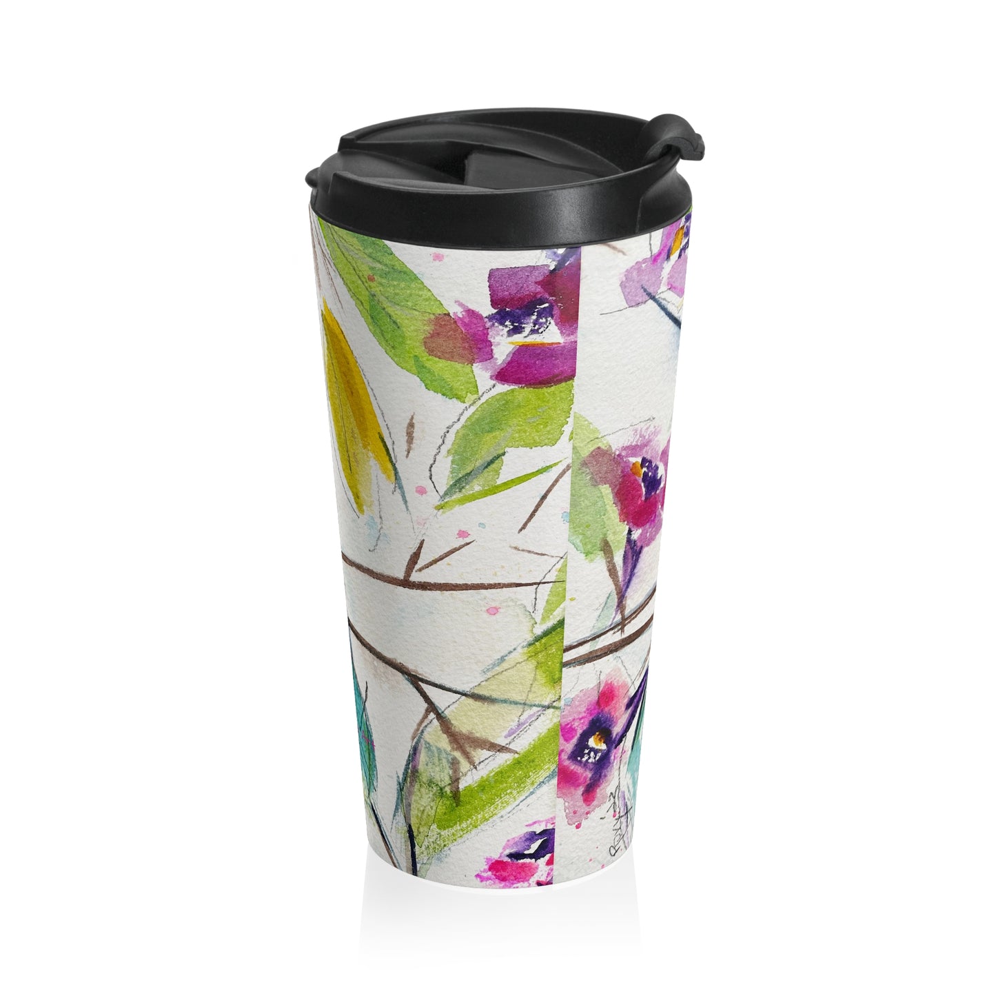 Taza de viaje de acero inoxidable con percha de colibrí