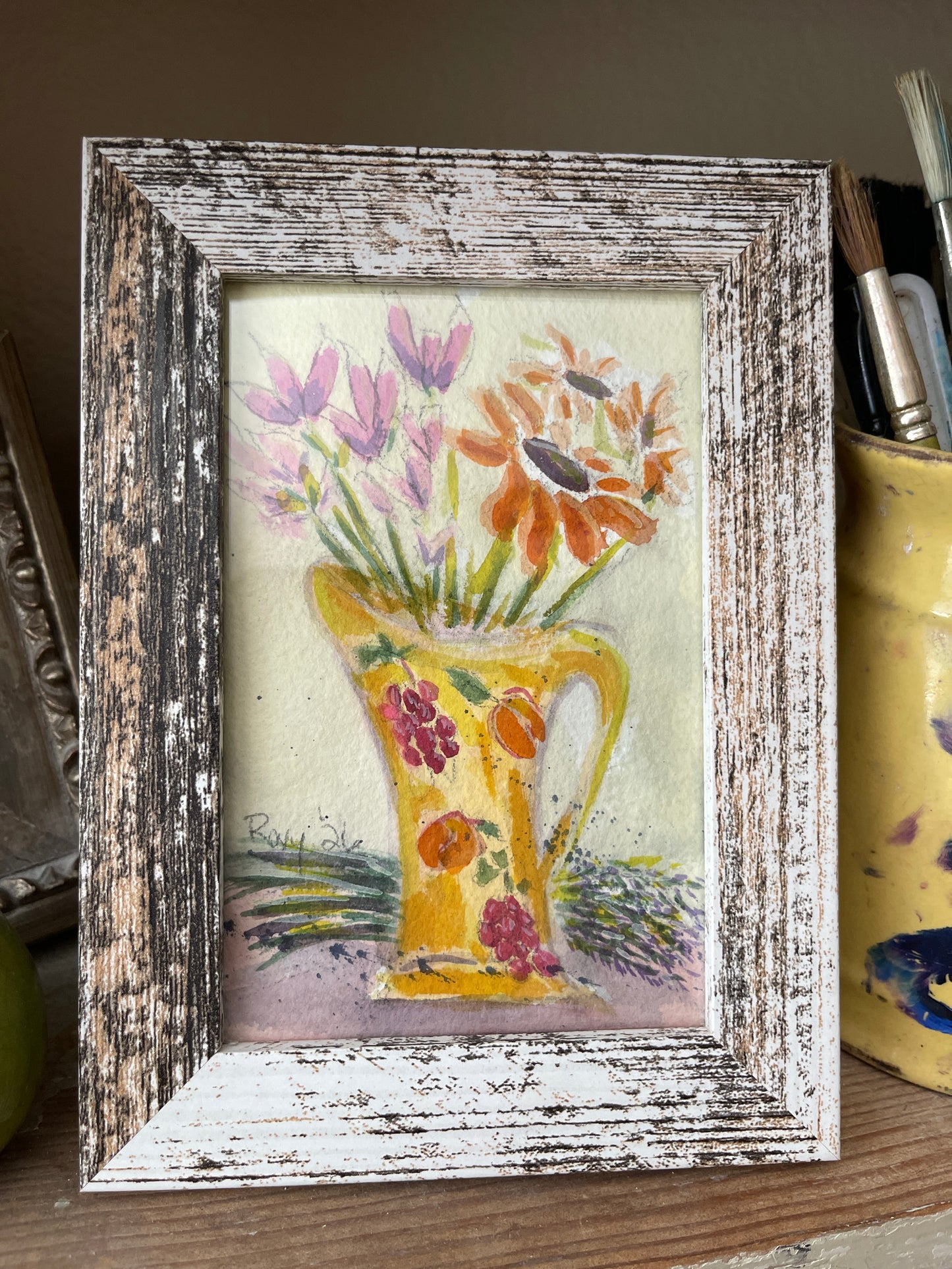 Flowers on my Patio-Original Watercolor Painting 4x6 Framed