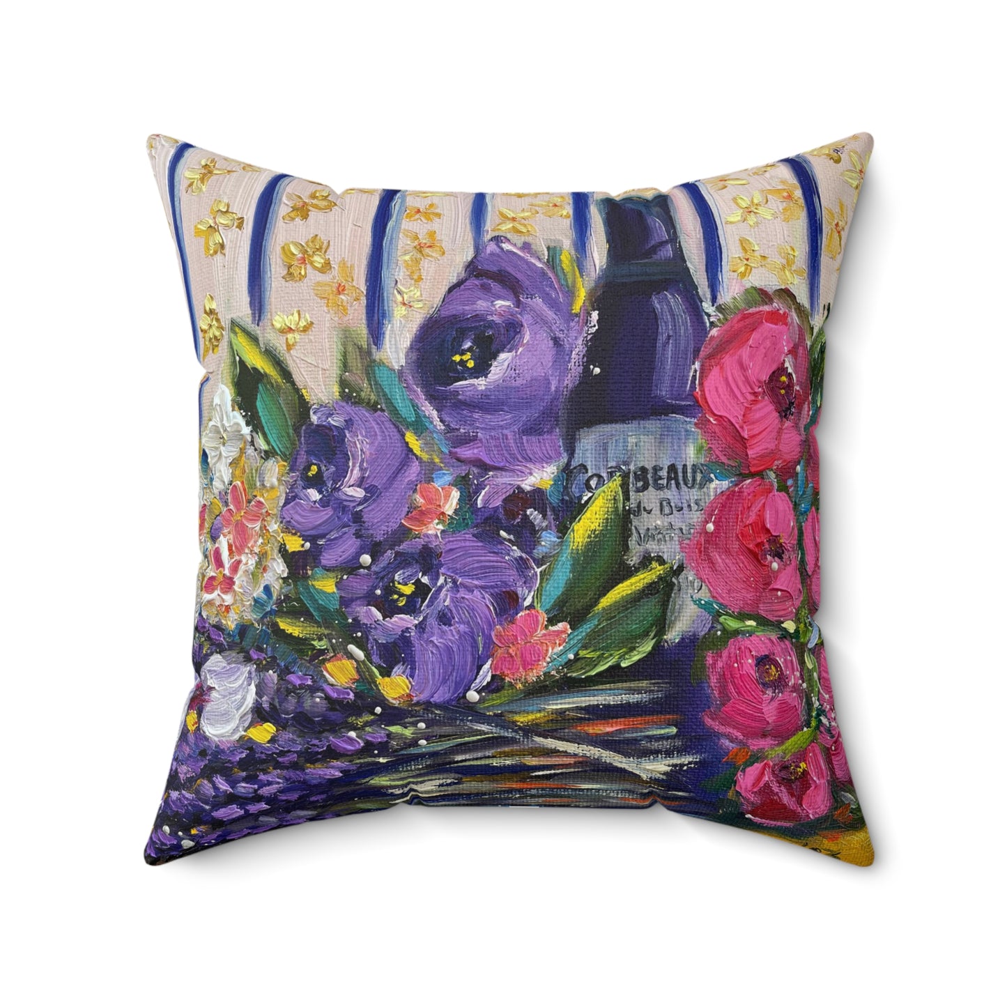 Vino y lavanda- Almohada cuadrada de poliéster hilado para interiores