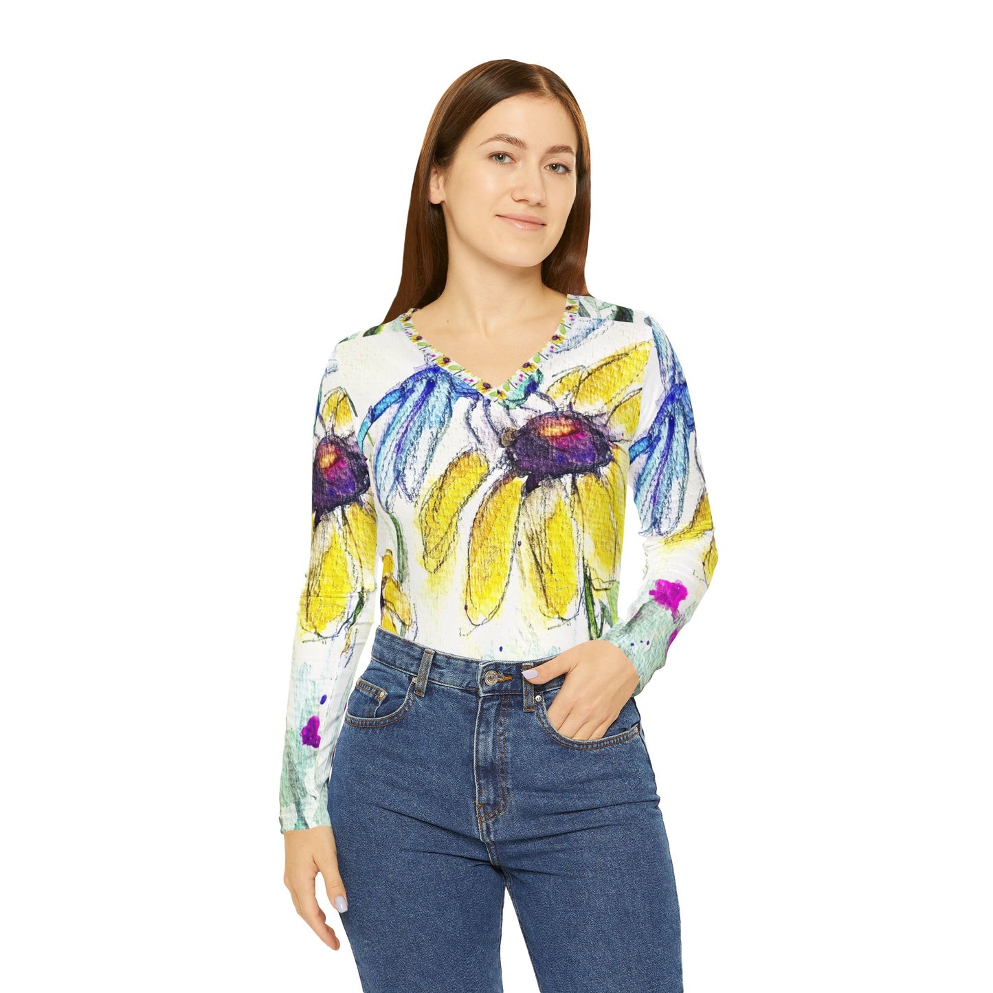 Long Sleeve Shirt- Dragonfly on a Cone Flower- V-neck Women's