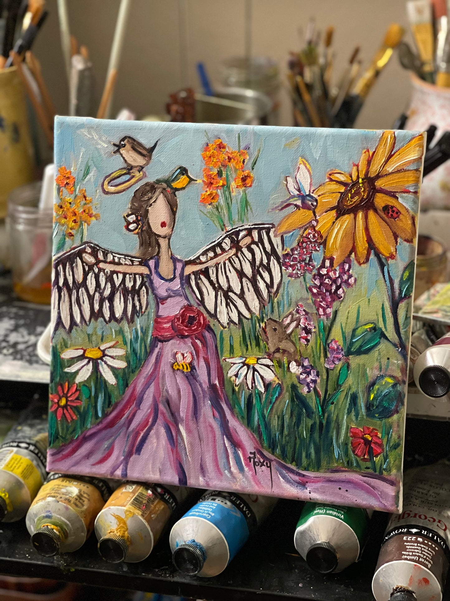 Garden Angel Original Oil Painting 10 x 10