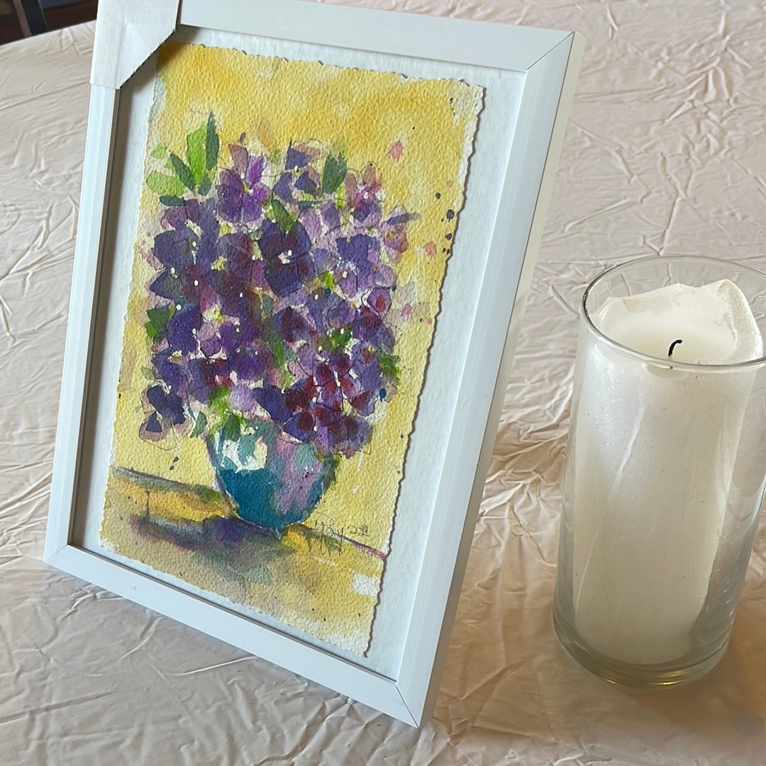 Purple Hydrangeas Original Watercolor Painting 8 x 10 Framed