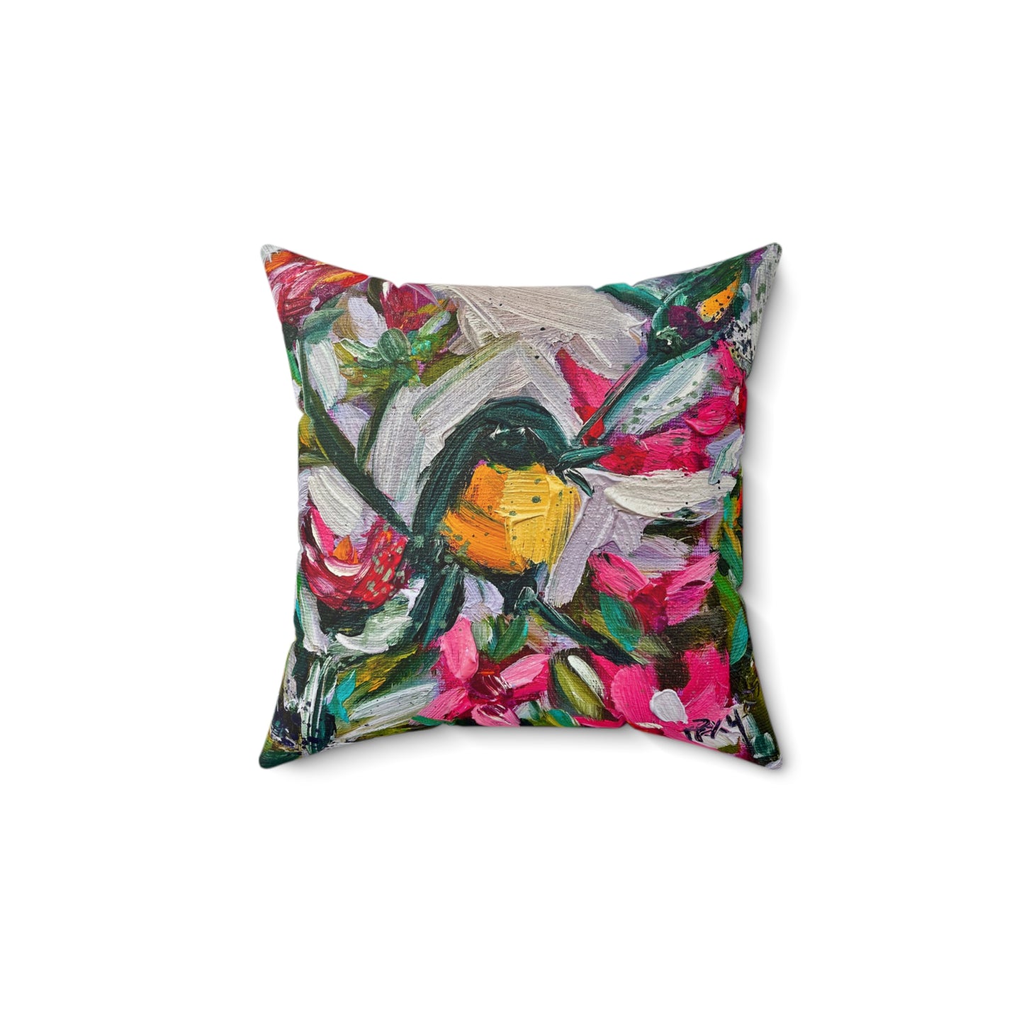 Indoor Spun Polyester Square Pillow-Colorful Encounter Goldfinch