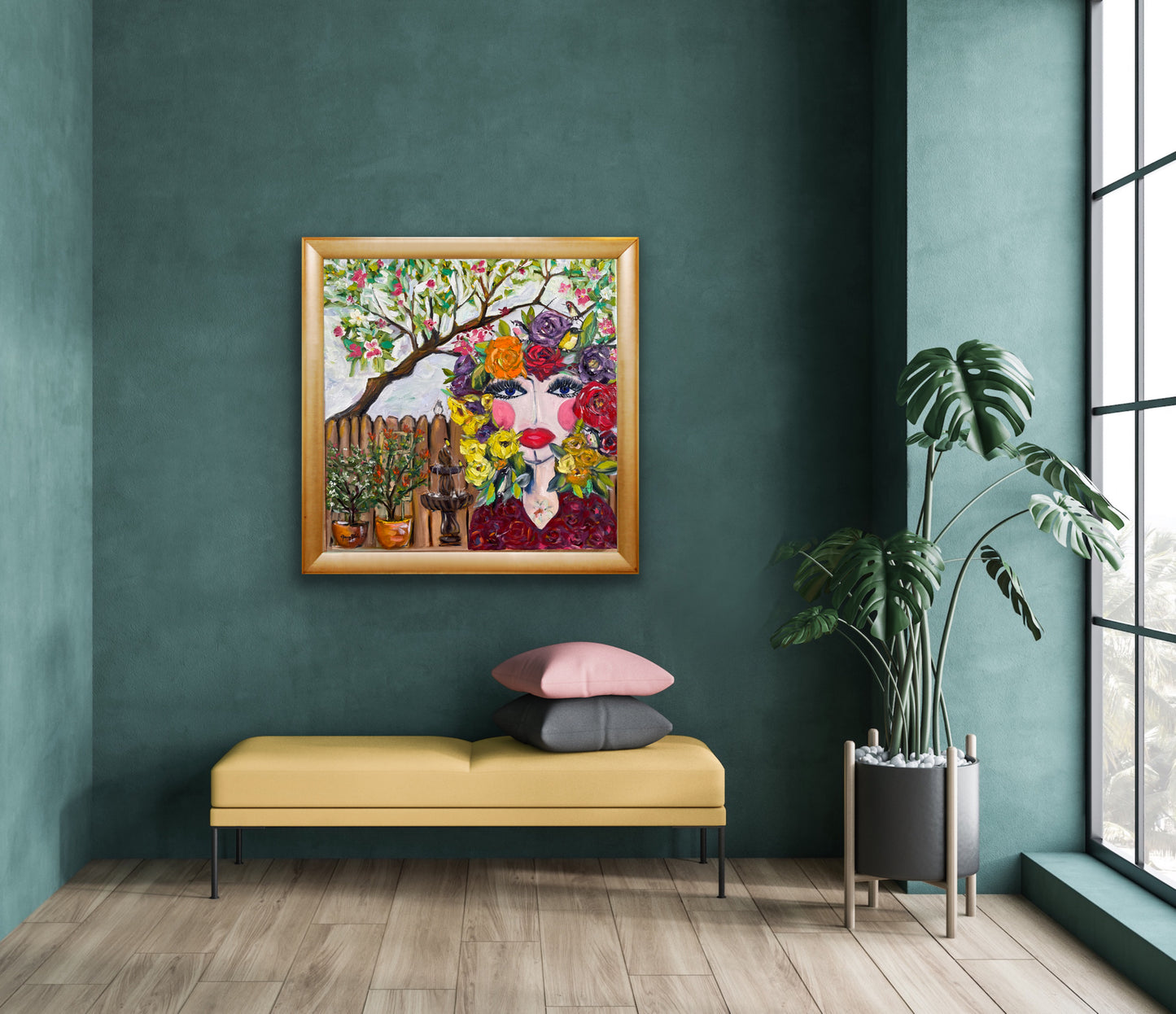 Garden Goddess (Birds and Blossoms)- Original Oil Painting Framed