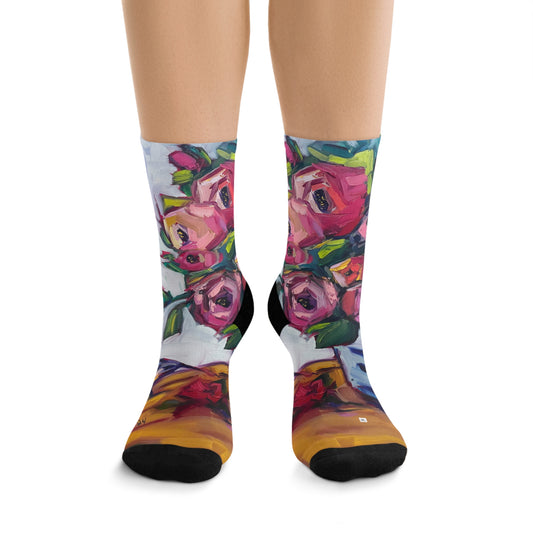 Bee Blooms Bee Roses and Birds Socks Black Socks