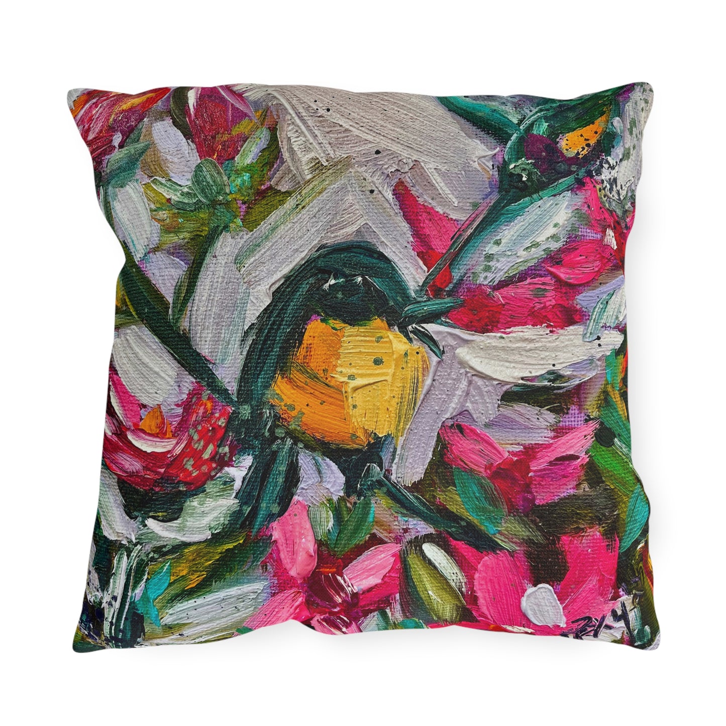 Outdoor Pillows-Colorful Encounter Goldfinch and Hummingbird