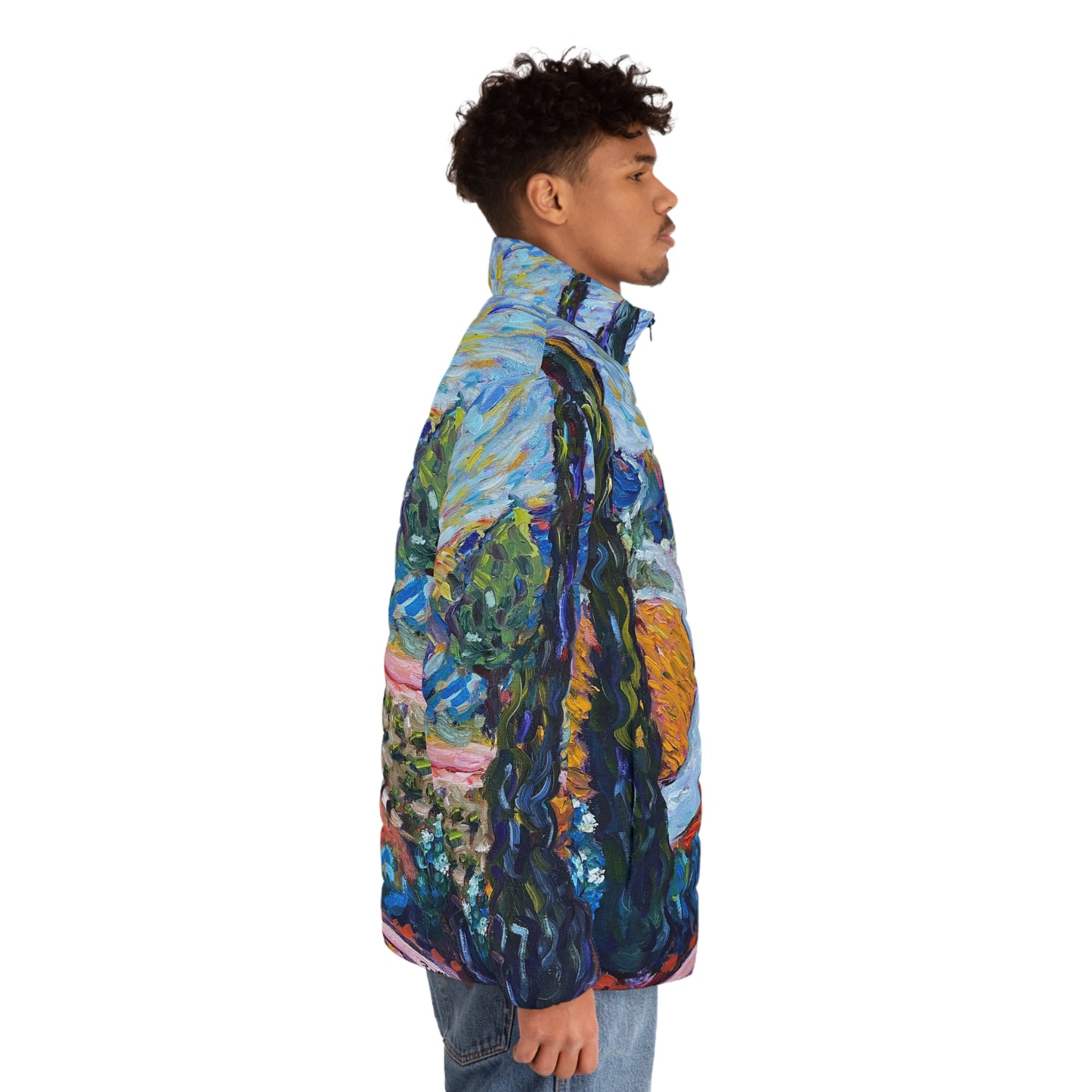 Men's Puffer Jacket - Roxy Rich Art, Unique Bright Colors-Sunny Cypresses