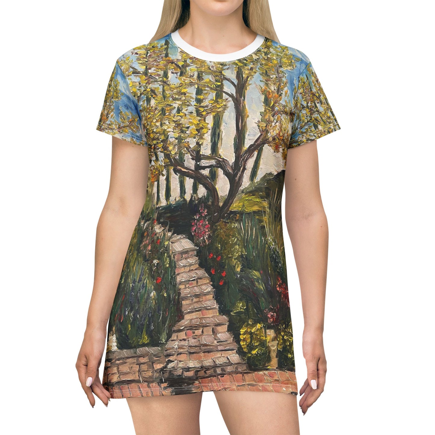 T-Shirt Dress (AOP)-Tree and Garden at Gershon Bachus Vintners