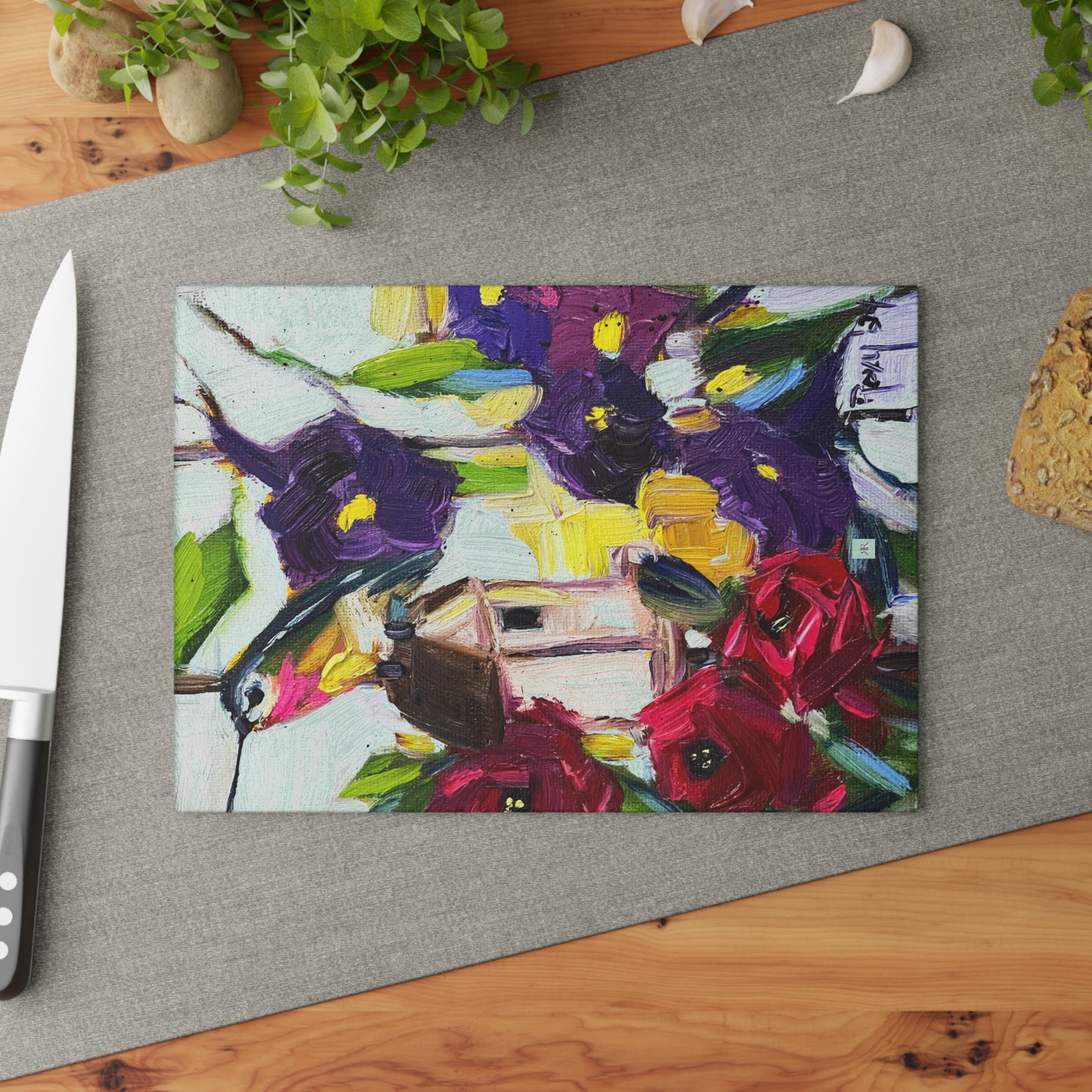 Hummingbird by the Window Glass Cutting Board