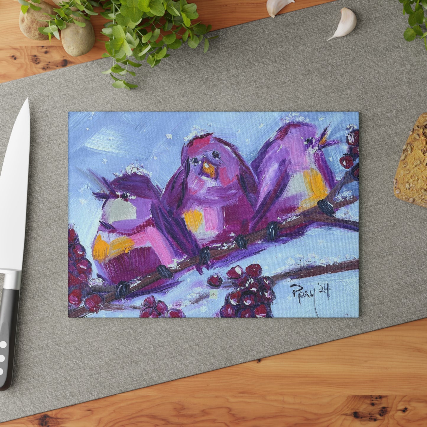 Glass Cutting Board-Whimsical Chirpy Birds Perched on a Snowy Branch with Berries