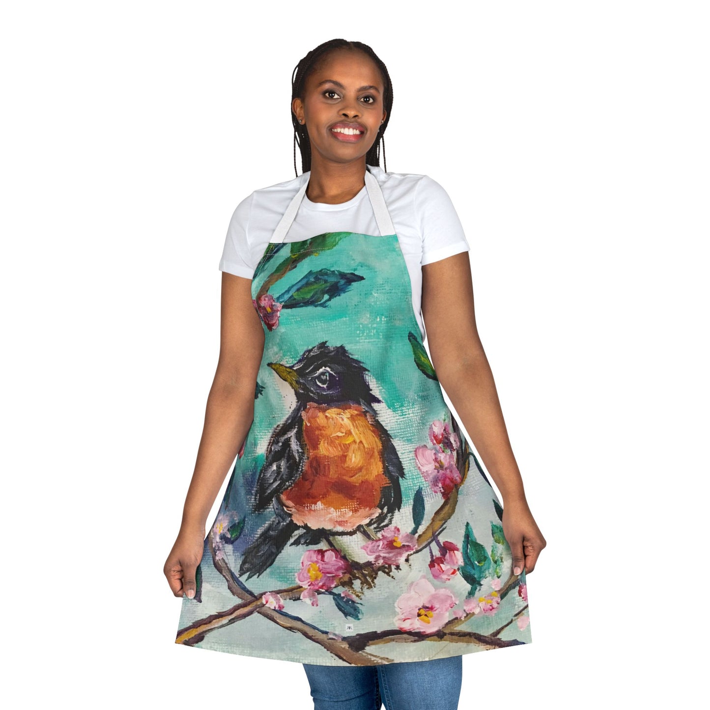 Adult Robin in Cherry Blossoms-  Art Apron — "Choose Your Straps"