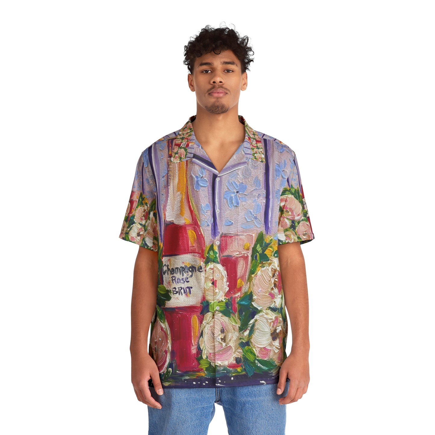 Camisa hawaiana de hombre rosa champán y peonías