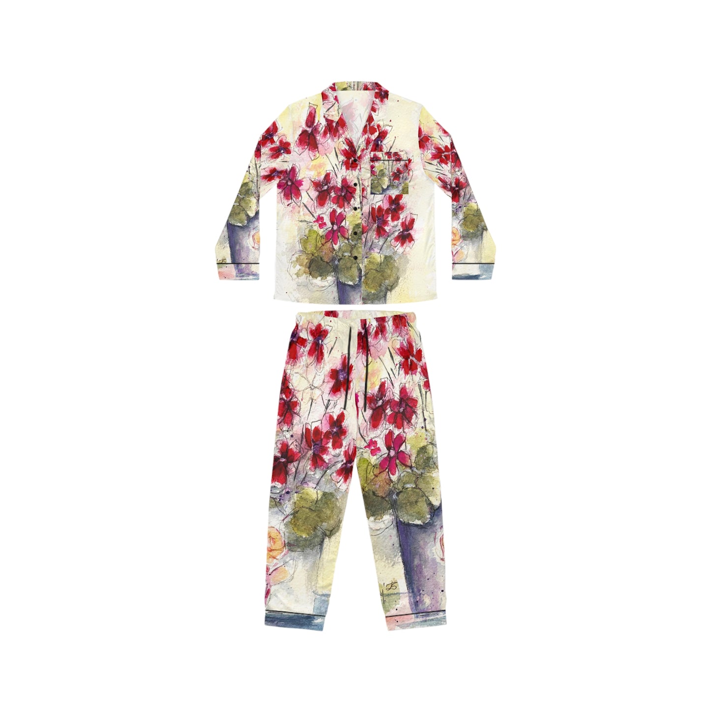 Satin Pajama Set — Valentine's & Mother's Day Floral Sleepwear-Red Ivy Geraniums