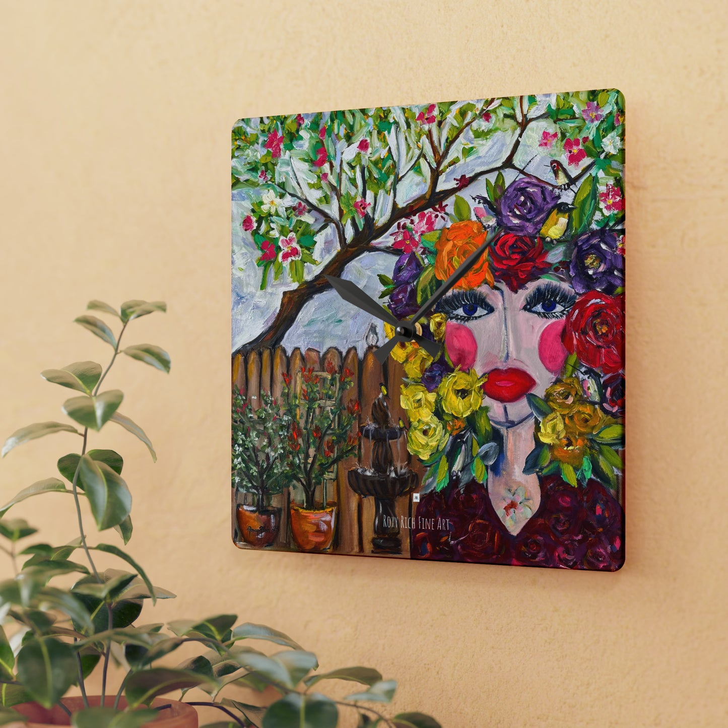 Horloge murale en acrylique oiseaux et fleurs