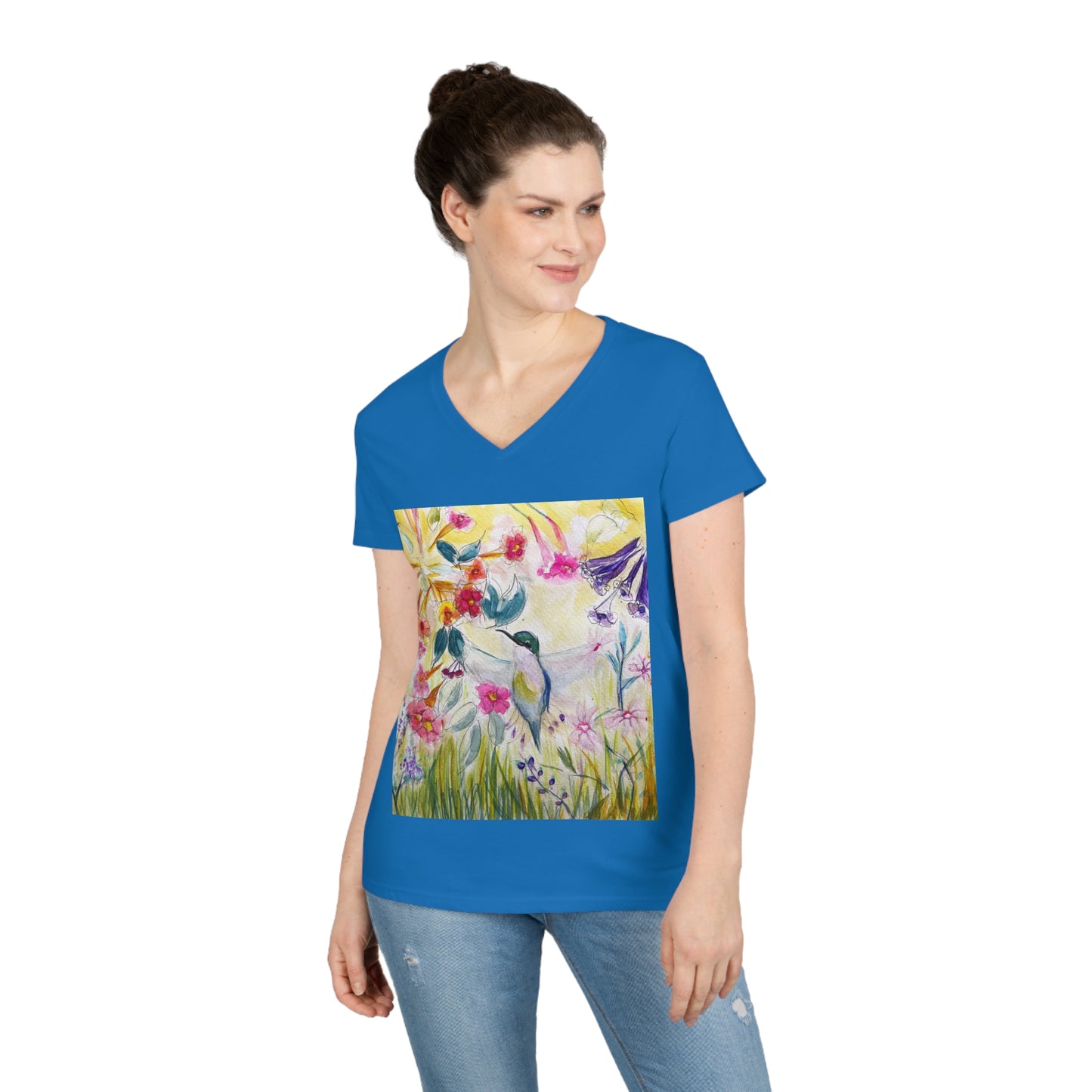 Hummingbird in Tube Flower Garden Lady Ladies' V-Neck T-Shirt