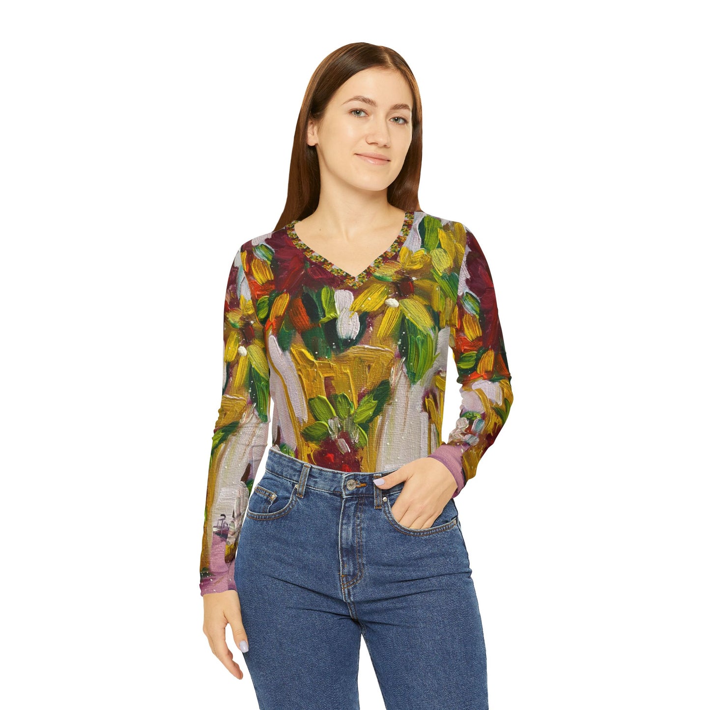 Women's Long Sleeve V-neck Shirt -Petals on my Patio