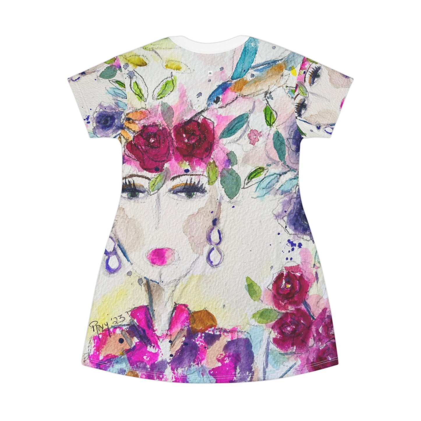 T-Shirt Dress (AOP)-Haute Couture Hummingbird