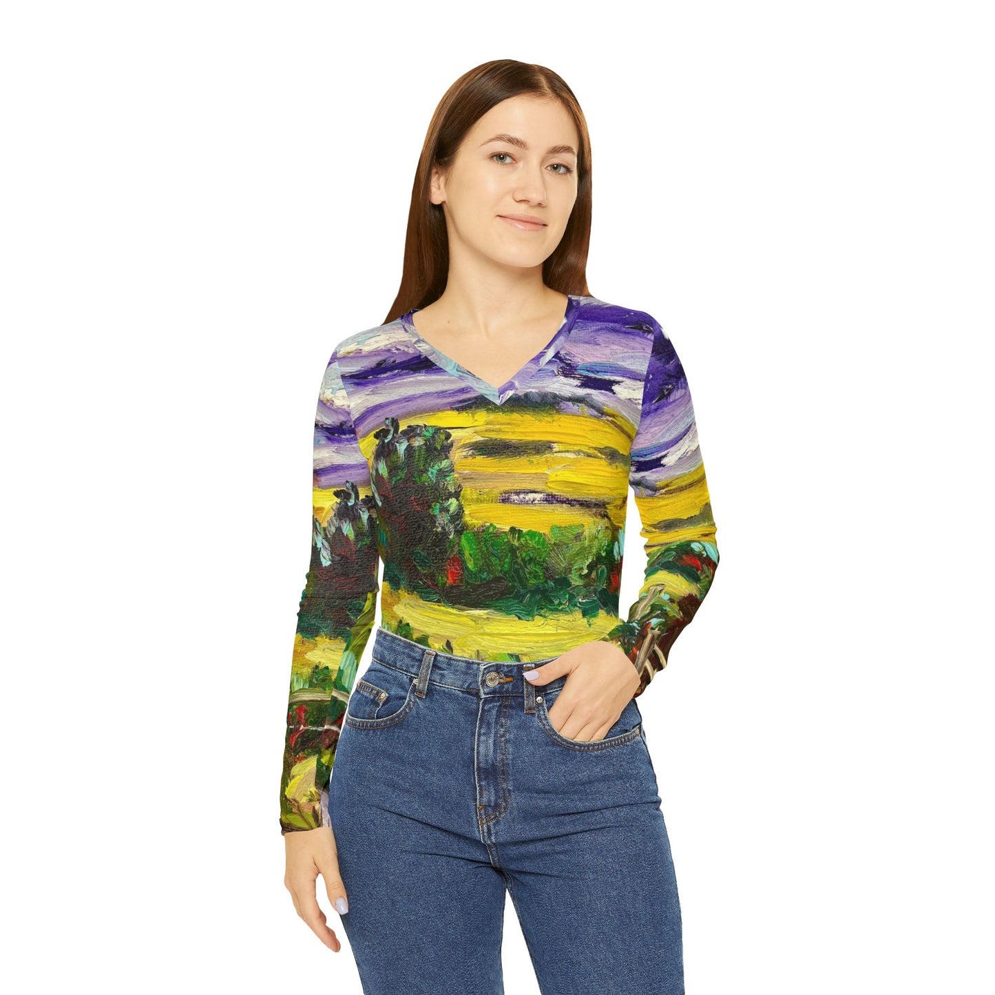 Women's Long Sleeve V-neck Shirt -Solitude in Churchill-Cotswolds