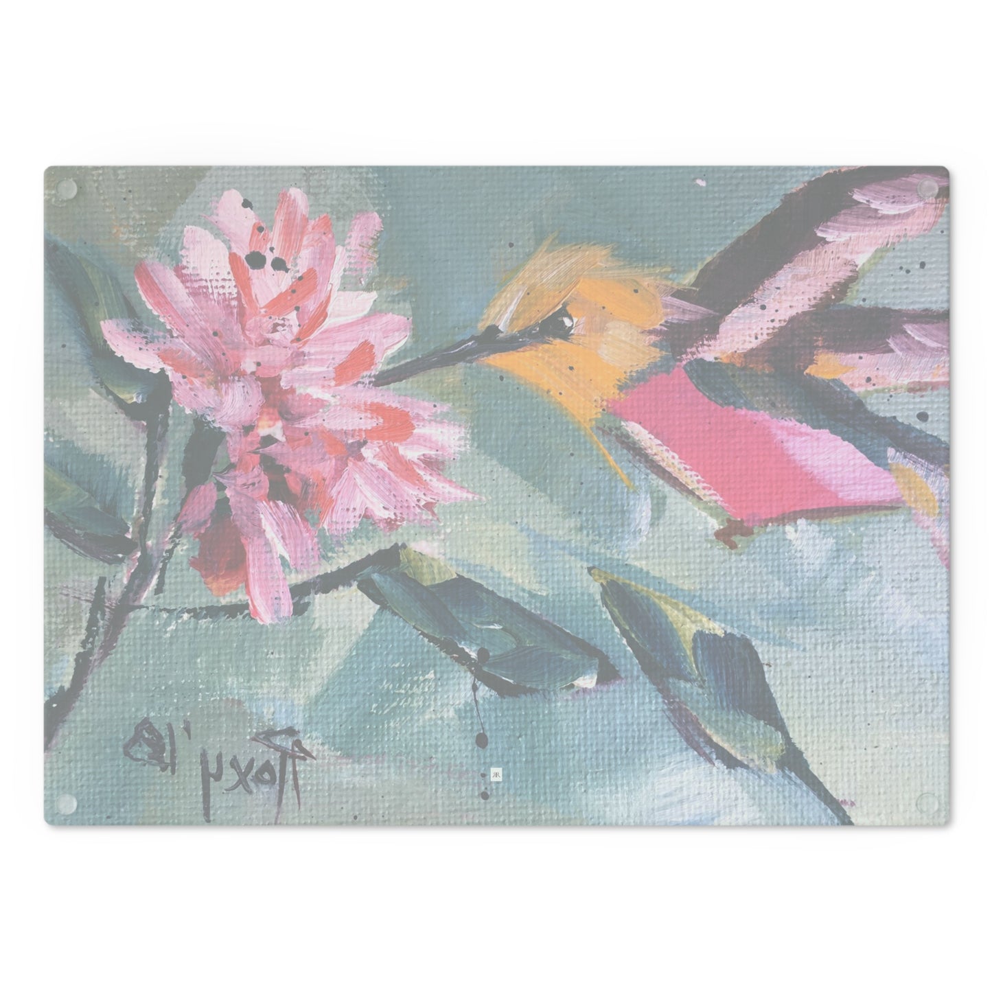 Pink Hummingbird Pink Flower PM Glass Cutting Board