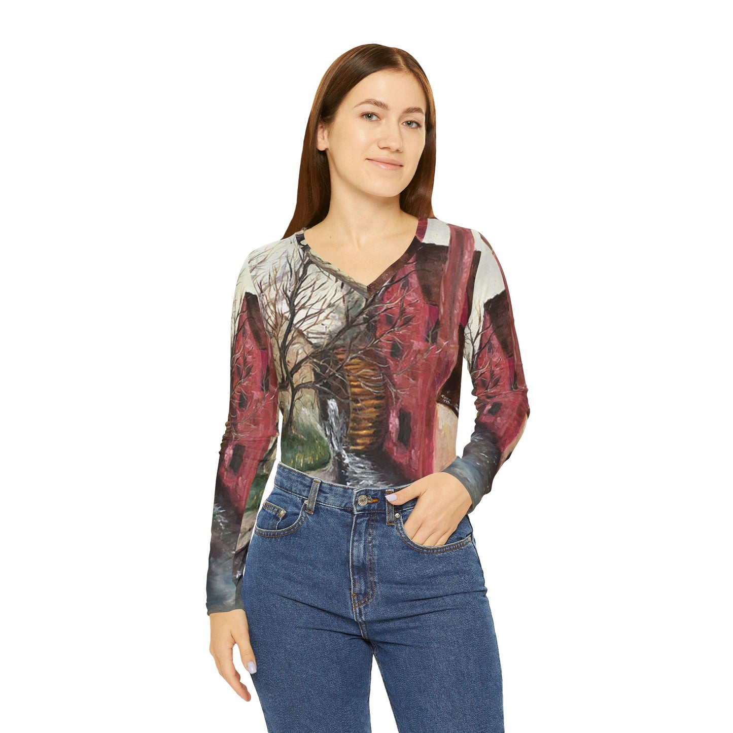 Long Sleeve Shirt- The Old Mill Lower Slaughter Cotswolds- V-neck Women's