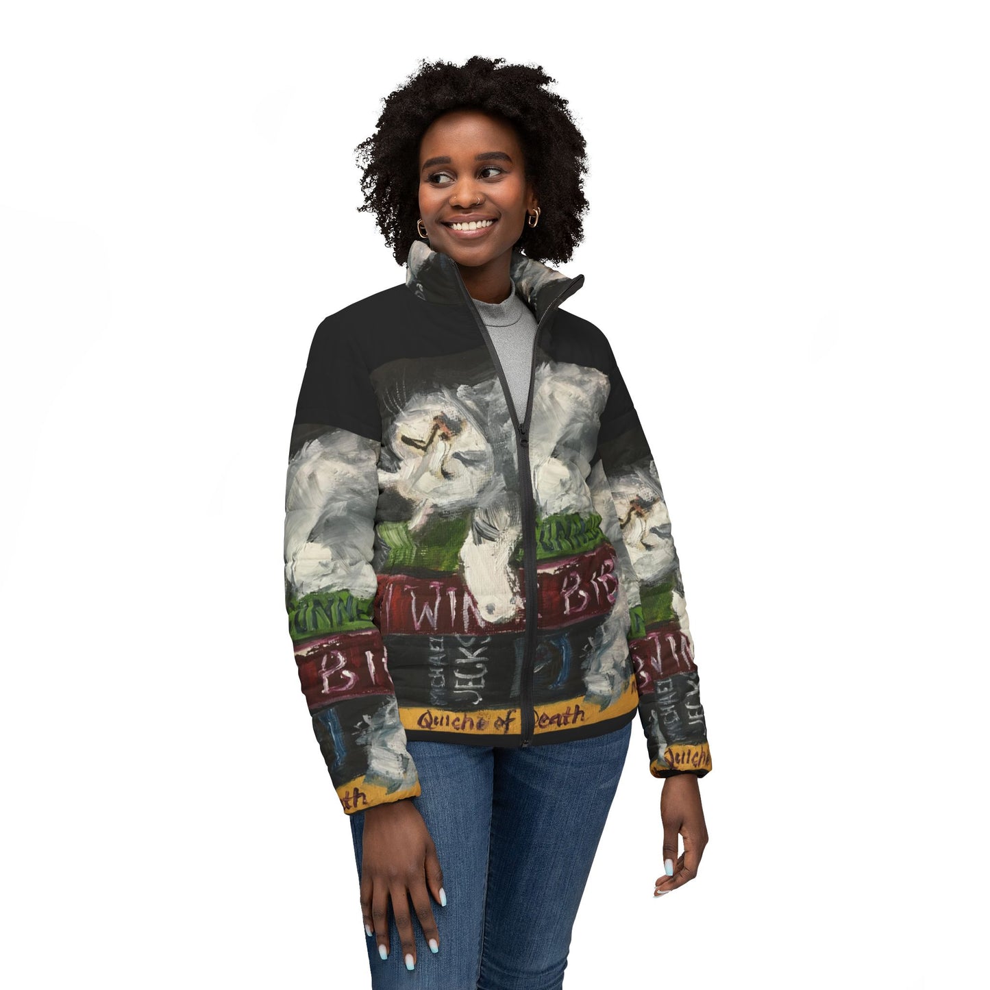 Women's Puffer Jacket - Roxy Rich Fine Art -Bibiliocat Cat Sleeping on Books