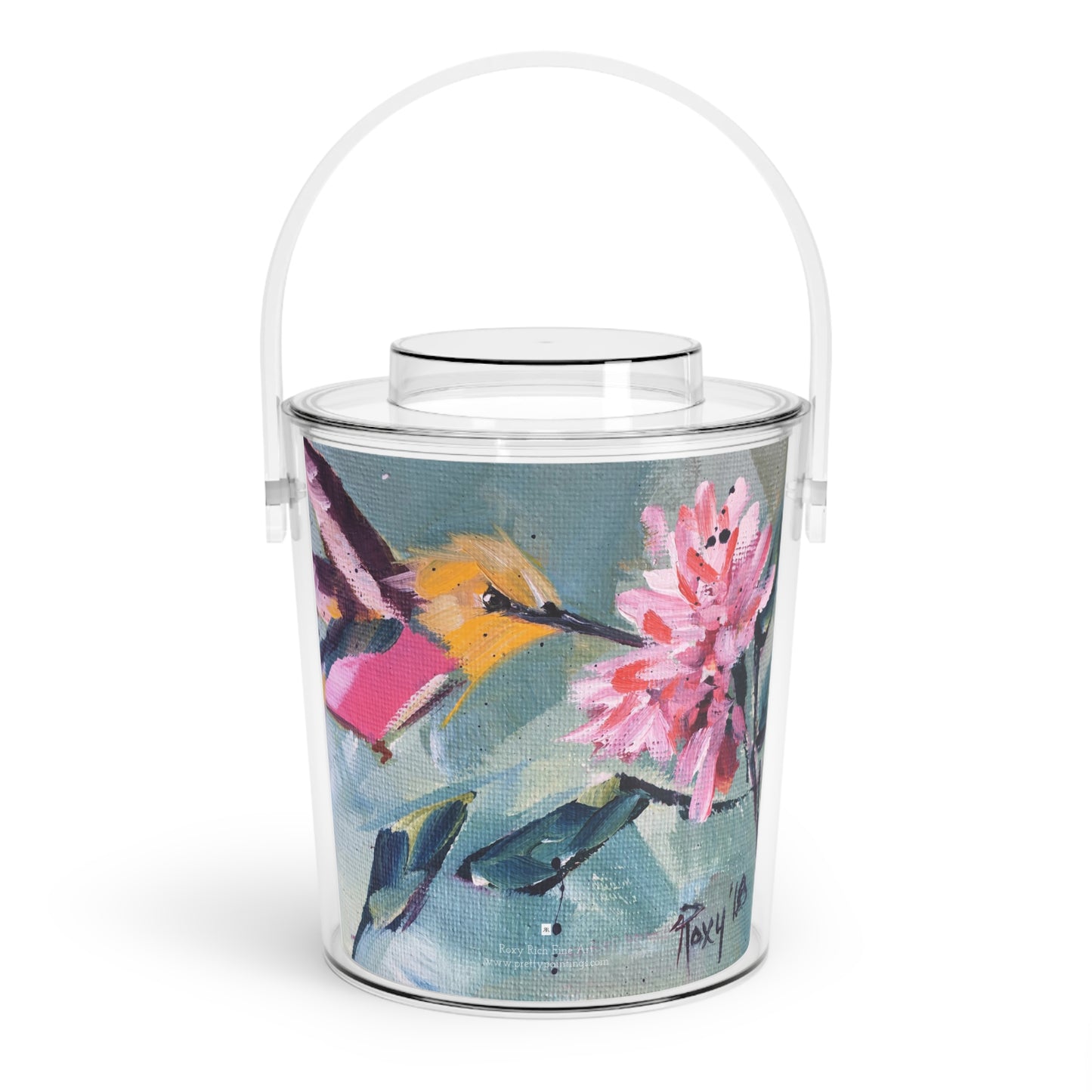 Pink Hummingbird Pink Flower Wine or Ice Bucket with Tongs