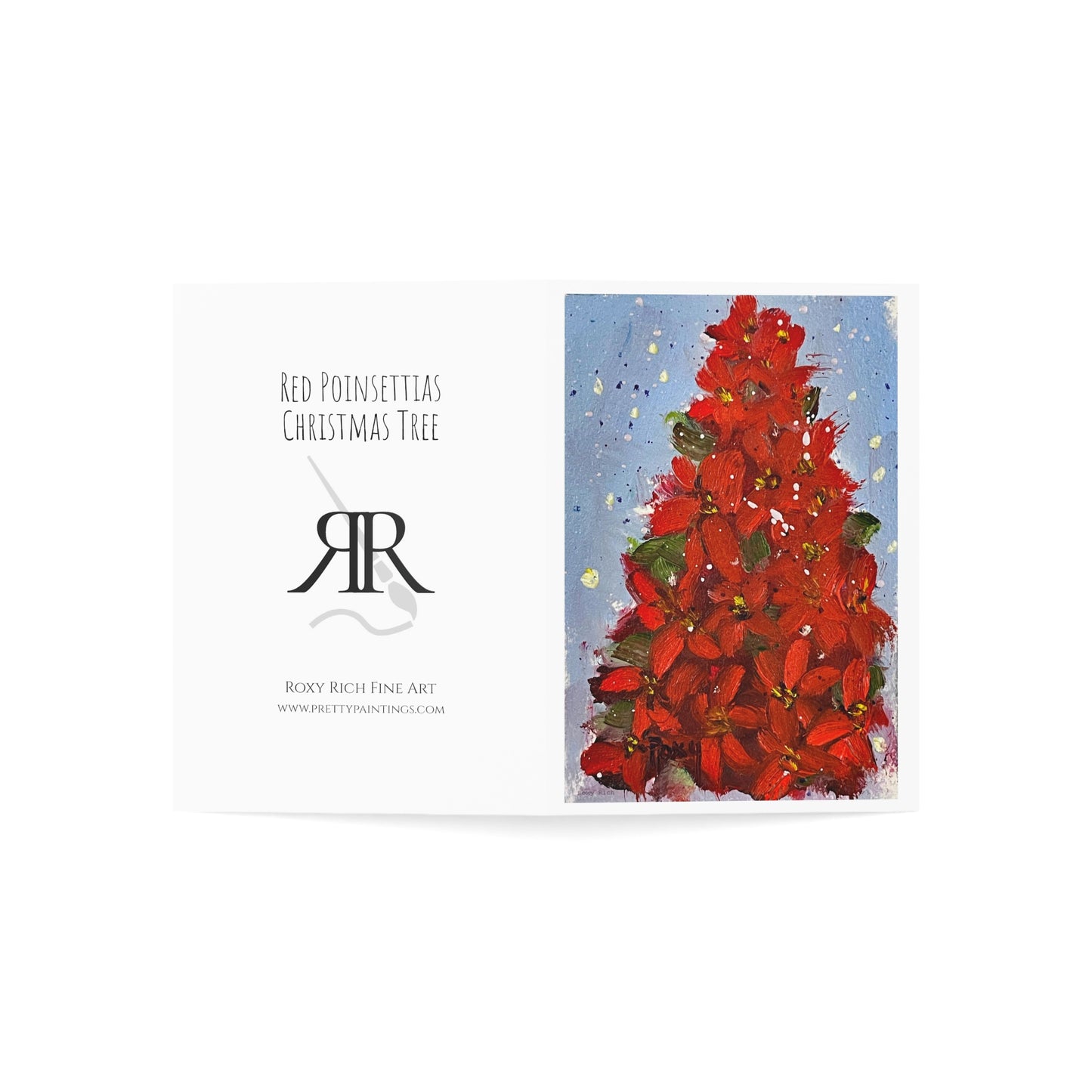 Red Poinsettias Christmas Tree Folded Greeting Cards with Christmas Message