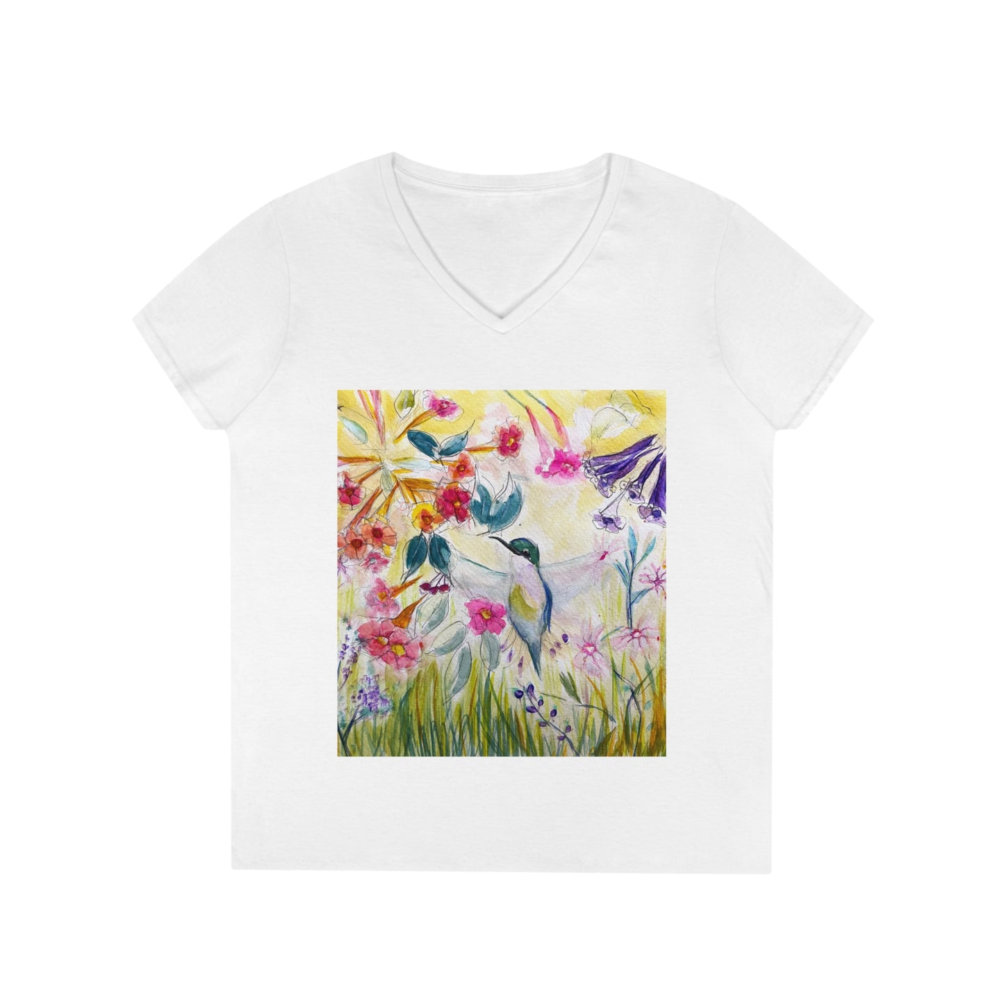 Camiseta con cuello en V para mujer Colibrí en tubo Flower Garden Lady